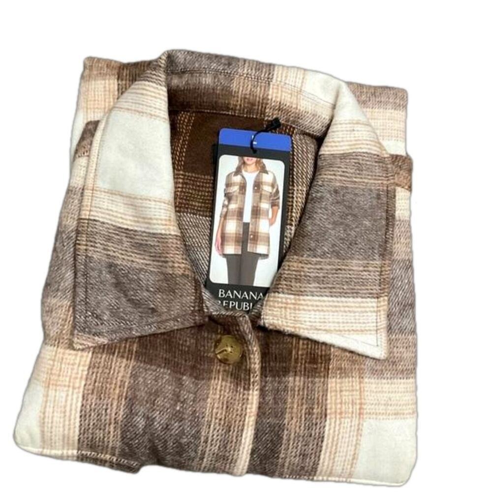 Banana Republic Women's Shirt Jacket Brown Plaid Side Pockets Size Large NWT - Picture 2 of 7